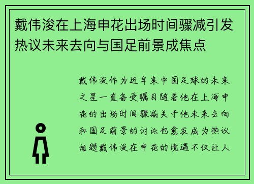 戴伟浚在上海申花出场时间骤减引发热议未来去向与国足前景成焦点