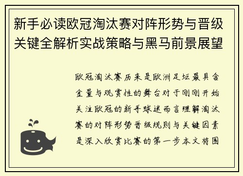新手必读欧冠淘汰赛对阵形势与晋级关键全解析实战策略与黑马前景展望